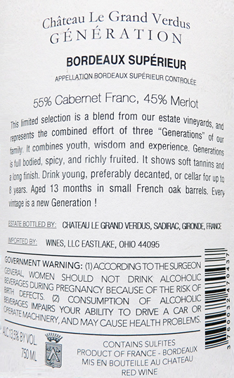 Bordeaux Superieur Generation, 2018 by Château Le Grand Verdus Bordeaux Superieur Generation, 2018 by Château Le Grand Verdus