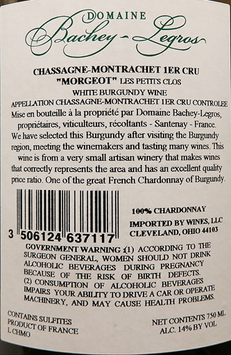 Chassagne Montrachet, Blanc 2022, 1st Cru Morgeot, Les Petits Clos, Vieilles Vignes by Bachey Legros, Burgundy, France lale