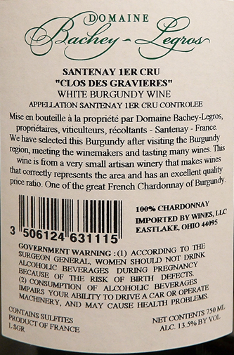 Santenay 1st Cru Blanc, 2022 Clos Des Gravieres by Bachey Legros, Burgundy, France lable