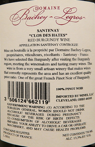 Santenay, 2021 Clos des Hates Red by Bachey Legros lable