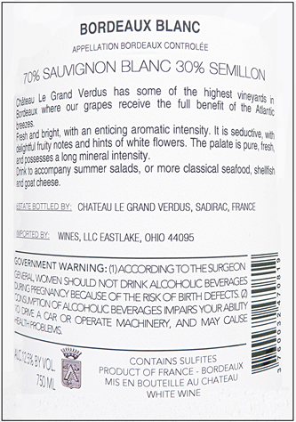 Bordeaux Blanc, 2024 by Chateau Le Grand Verdus label