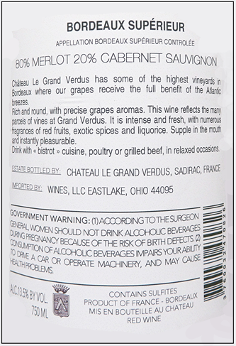 Bordeaux Superieur 2022 by Château Le Grand Verdus label