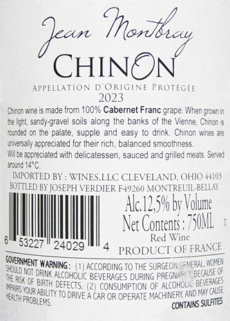 Chinon, 2023 Loire Valley by Jean Montbray label