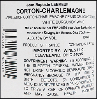 Corton Charlemagne Grand Cru, 2023, by Jean-Baptiste label