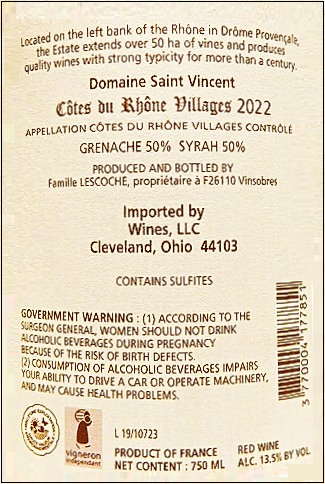 Cote du Rhone Villages Rouge, 2021/2022 label