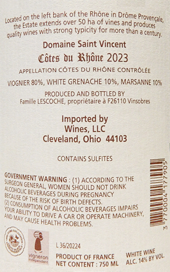 Cotes du Rhone Blanc, 2023, Domaine Saint Vincent, Rhone, France label