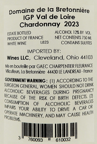 Domaine de la Bretonniere Chardonnay, 2023  IGP Val de Loire, France label