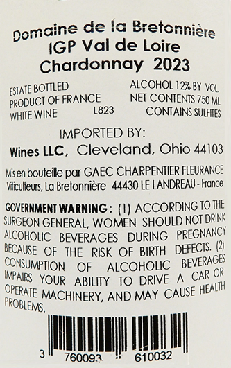 Domaine de la Bretonniere Chardonnay, 2023  IGP Val de Loire, France label