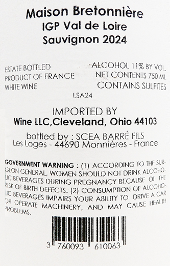 Domaine de la Bretonniere Sauvignon Blanc, 2024 IGP Val de Loire, France label