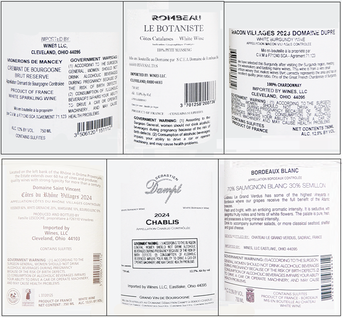 France Six Different White Wines labels