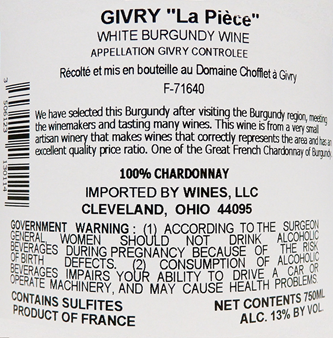 Givry, Blanc 2022, La Piece by Domaine Chofflet, Burgundy, France label
