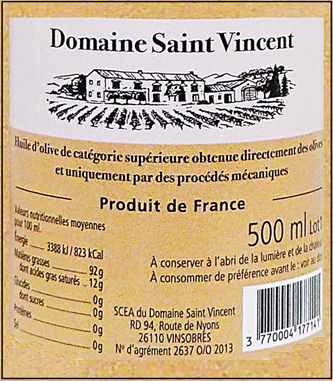 Olive Oil 500 ML, Domain Saint Vincent label