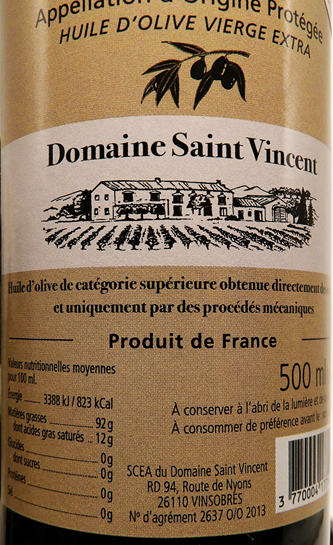 Olive Oil 500 ML , 2023 By Domaine Saint Vincent, Rhone, France label