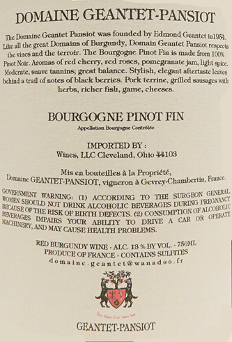 Pinot Fin Bourgogne. 2021 Domain Geantet-Pansiot
