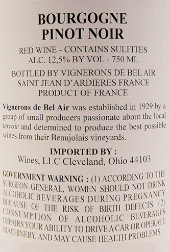 Pinot Noir Bourgogne, 2021 by Vigerons De Bel Air label