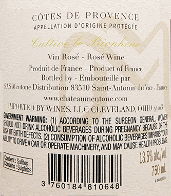 Rose' Cotes de Provence, 2023 Chateau Mentone, Provence, France label