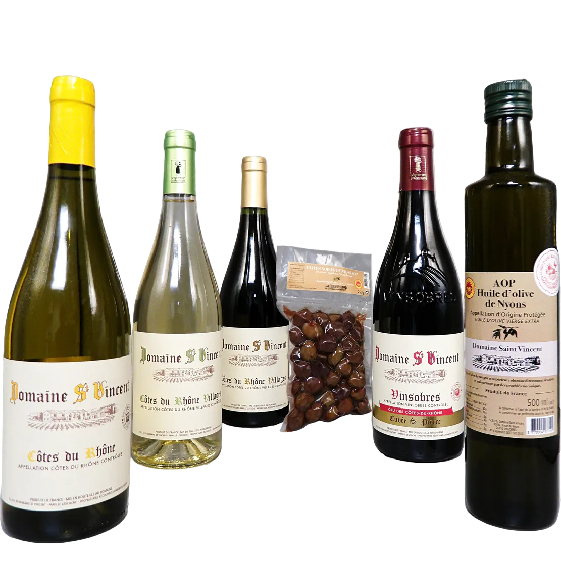 St Vincent Bundle of Six, Four Wines, One bottle of Olive oil and a pack of Olives
