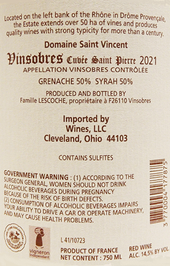 Vinsobres Cru Rouge, 2021 Saint Pierre by Domaine St Vincent, Rhone, France label